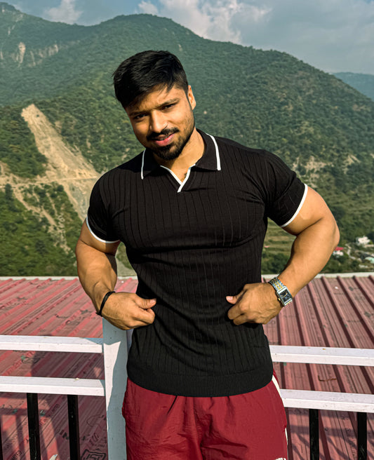 Black Sleek Striped Polo T-Shirt